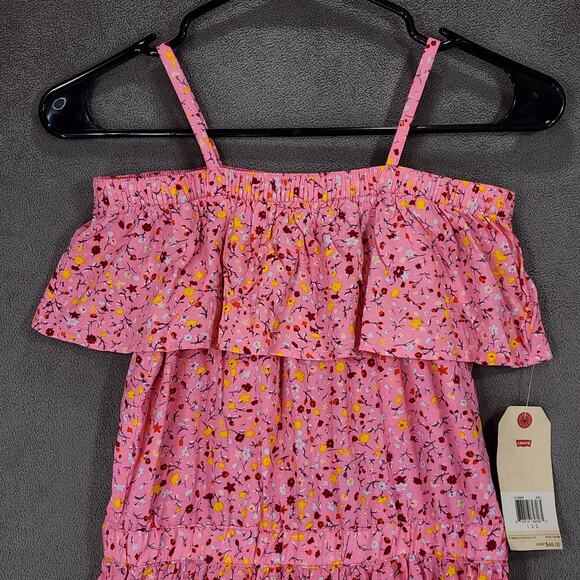 Levis Ruffle Dress L Kids Girl Cold Shoulder Floral Pink Tiered Midi 12-13yr NEW - Picture 9 of 12